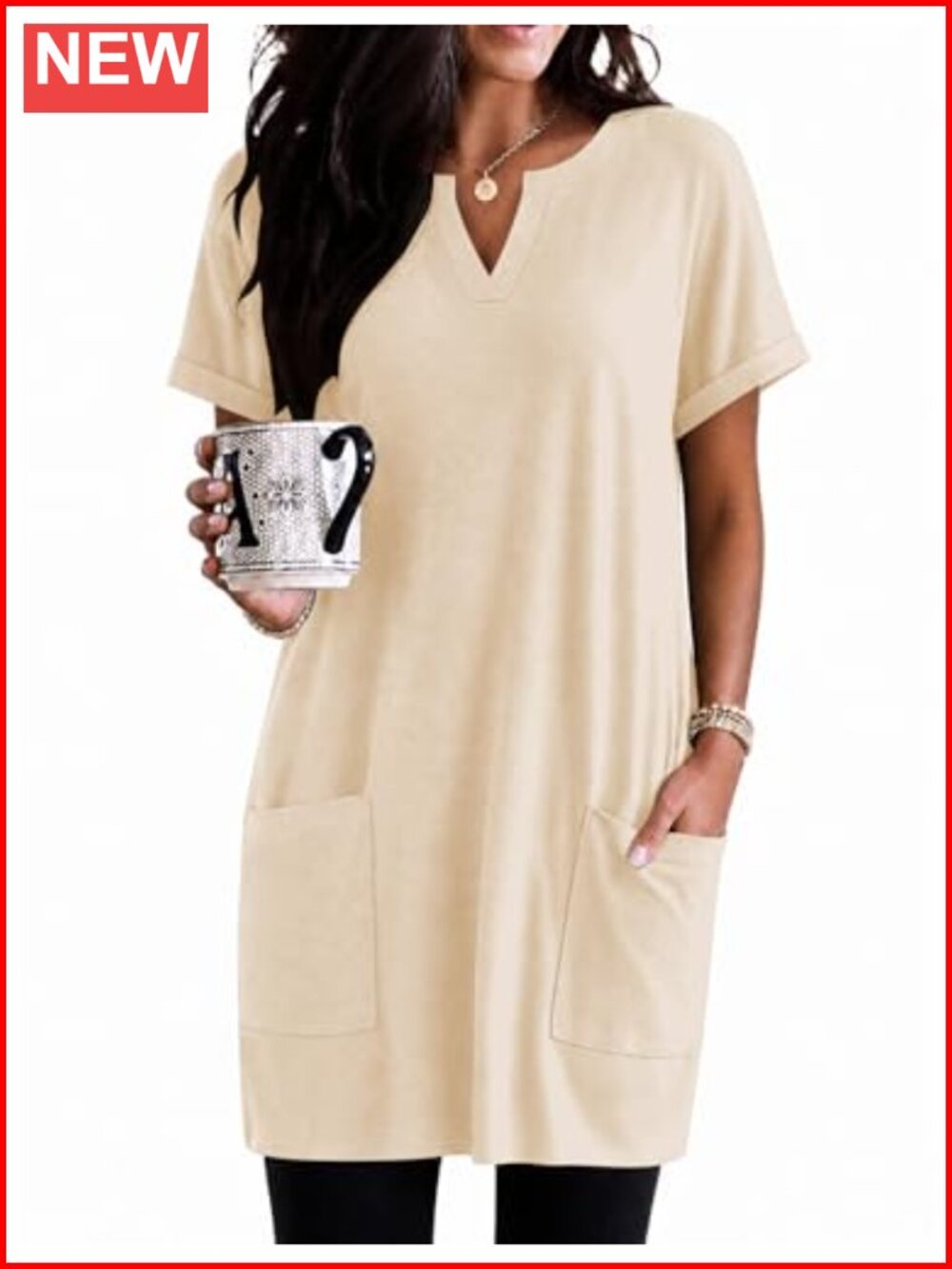 Womens Tunic Top Short Sleeve V Neck Pockets Casual T Shirt